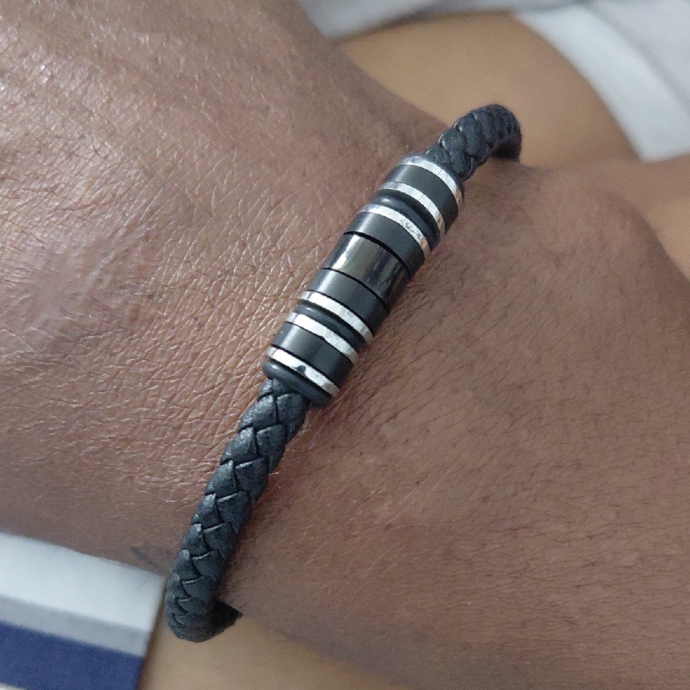 Black and Silver Braided Leather Bracelet